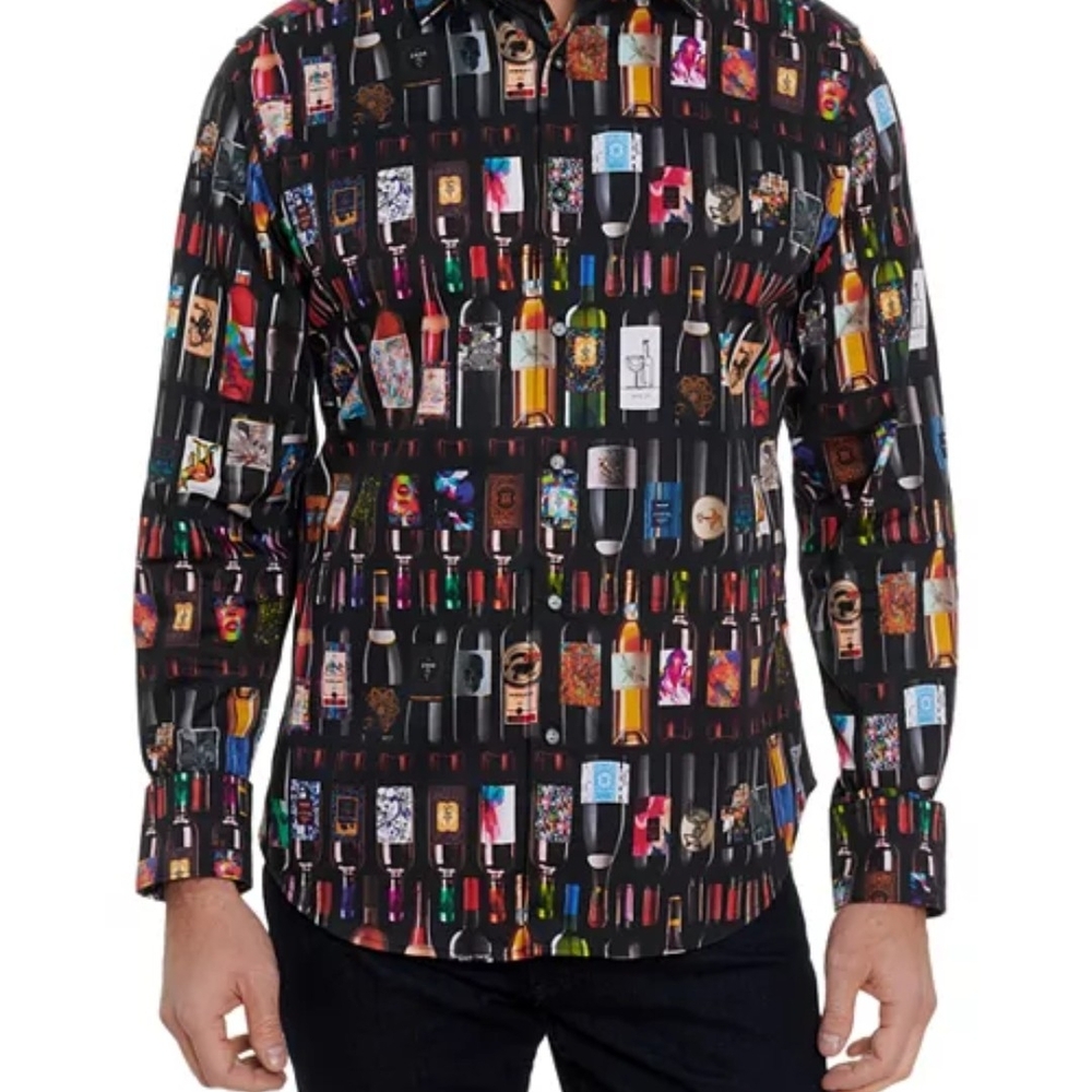 BRAND NSommelier Cotton Stretch Wine Print Classic Fit Button Dow
